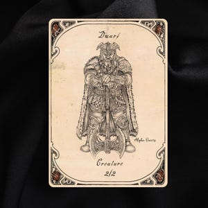 May include: A rectangular game card with a cream-colored background featuring a black ink illustration of a dwarf in armor holding a large double-headed axe. The text reads Dwarf, Alpha Osiris, Creature, and 2/2, with decorative corner borders.