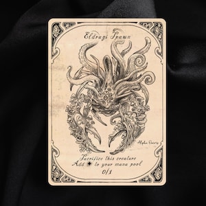 Op de afbeelding: Een kaart in vintage-stijl met een illustratie van Eldrazi Spawn. Het kunstwerk toont een wezen met tentakels, meerdere ogen en klauwachtige aanhangsels. De tekst bevat "Eldrazi Spawn" en instructies om het wezen voor mana op te offeren.