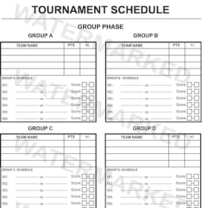 May include: Tournament schedule template with sections for group phase and knockout stage. Includes spaces for team names, scores, and match details. Features text: "TOURNAMENT SCHEDULE".