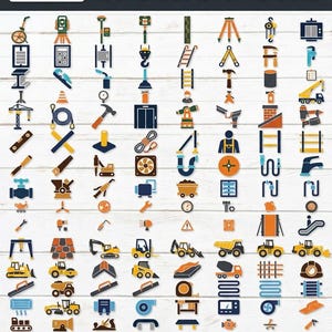 May include: A collection of over 100 colorful construction and building icons arranged in columns. The graphic features various tools, machinery, and safety equipment in orange, blue, and grey tones, with the text 100+ CONSTRUCTION & BUILDING ICONS.