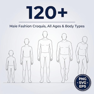 以下が含まれることがあります： 「120+ Male Fashion Croquis, All Ages & Body Types」というテキストが記載されたデジタルイラスト。テキストの下には、身長や体格の異なる5人の人物の黒い線画が並んでいます。円形のバッジにはPNG、SVG、EPSと表示されています。