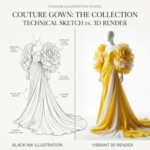 以下が含まれることがあります： FASHION ILLUSTRATION STUDIO COUTURE GOWN: THE COLLECTION TECHNICAL SKETCH vs. 3D RENDERというタイトルの比較画像。左側は大きな花柄の袖を持つガウンの黒インクスケッチで、右側はマネキンに着せられた鮮やかな黄色と白の3Dレンダリング画像です。