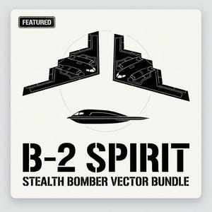 May include: A graphic design featuring black silhouettes of B-2 Spirit stealth bombers on a light background. The image includes two angled top-down views and one side profile view of the aircraft. Text reads FEATURED, B-2 SPIRIT, and STEALTH BOMBER VECTOR BUNDLE.
