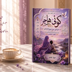 Op de afbeelding: Een hardcover boek getiteld Koni Hajar met een paarse kaft met een illustratie van een persoon en een kind in een woestijnlandschap. De kaft bevat Arabische tekst, florale accenten en een witte vogel. Het boek staat op een tafel.