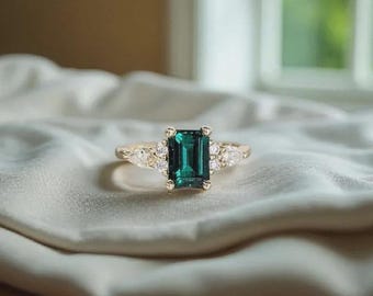 Anillo de oro esmeralda genuino, anillo de compromiso de esmeralda de laboratorio en oro vermeil de 14 quilates, anillo llamativo, regalo de cumpleaños para ella