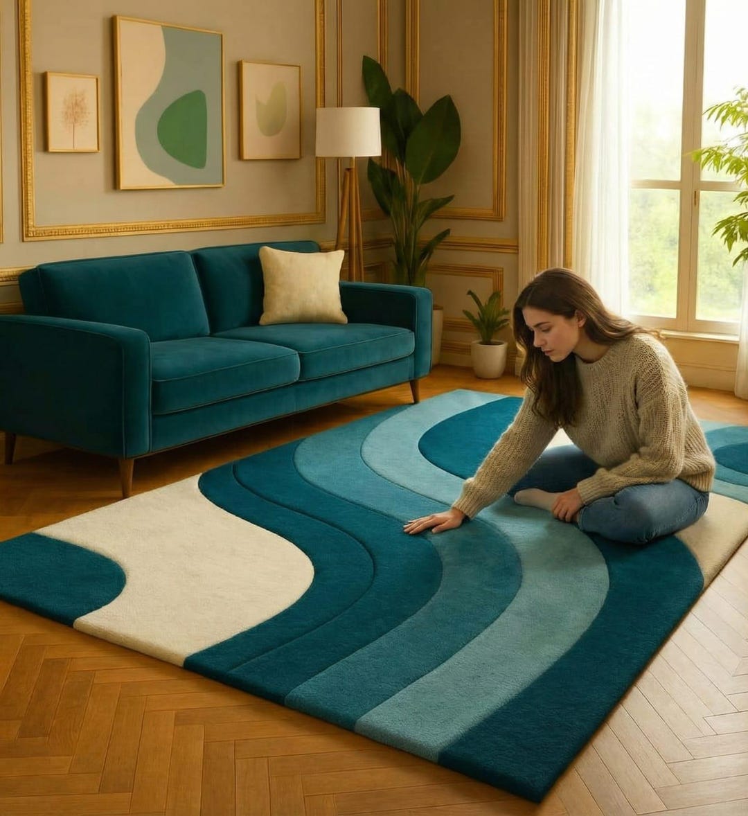 Hand Tufted Wool Blend Rug Modern Wave Design Blue & Beige 6x9 8x10 ...