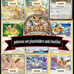 May include: A collection of Eevee trading cards featuring various illustrations of the brown creature, arranged in a grid. A central circular emblem displays the text EEVEE MASTER SET, with a black banner below reading pokemon set placeholders and checklist.