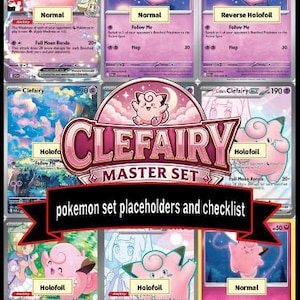 Op de afbeelding: Een verzameling van negen Clefairy Pokemon-ruilkaarten gerangschikt in een raster, met diverse illustraties van het roze personage. Een centrale banner toont de tekst CLEFAIRY MASTER SET en pokemon set placeholders and checklist.