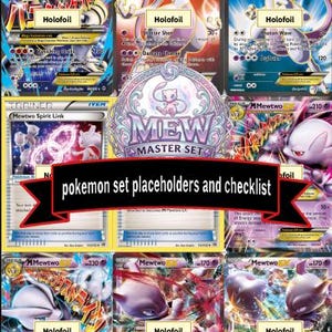 Może przedstawiać: Kolekcja ośmiu kart kolekcjonerskich Mewtwo EX ułożonych w siatkę, zawierająca różne fioletowo-białe ilustracje postaci, pola tekstowe typu holofoil oraz centralny okrągły emblemat z napisem Mew Master Set i czarnym banerem z tekstem pokemon set placeholders and checklist.