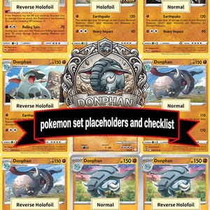 Puede incluir: Una colección de nueve cartas coleccionables de Donphan dispuestas en una cuadrícula, con varias ilustraciones de la criatura gris parecida a un elefante. Cada carta muestra el nombre Donphan, valores de HP, ataques y etiquetas descriptivas.