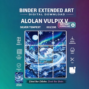 Pode incluir: Um download digital de arte estendida para fichário Alolan Vulpix V 033/195 Silver Tempest. O gráfico apresenta uma grade de nove painéis exibindo uma paisagem nevada com lua, aurora boreal e flocos de neve ao redor de uma carta.