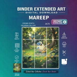 May include: A digital download of extended art for a Mareep trading card from the Crown Zenith Galarian Gallery set. The image features a nine-panel grid layout designed to fit into a binder, with icons indicating print, cut, and insert instructions.