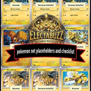 May include: A collection of Electabuzz trading cards displayed in a grid, featuring various foil patterns and artwork. A central decorative emblem with the text ELECTABUZZ MASTER SET and a black banner with the text pokemon set placeholders and checklist.