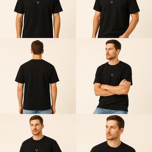 May include: A black t-shirt featuring a small white V-shaped logo on the chest. The short-sleeved shirt has a crew neck. The image shows the t-shirt from various angles, worn by a person.
