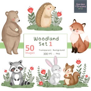 Puede incluir: Ilustración en acuarela de animales del bosque, incluyendo un oso, un erizo, un zorro, un mapache, un conejo y una ardilla. La imagen incluye el texto "Woodland Set 1" y "50 images". Los animales están rodeados de flores y vegetación.