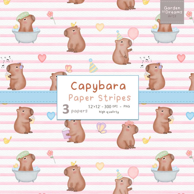 Watercolor Capybara Stripes Digital Paper, Printable Scrapbook Paper ...