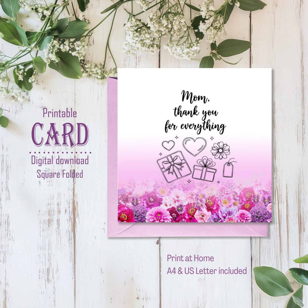 Thank You Mom Printable Card 4.75x4.75, Mother’s Day Floral Square Card ...