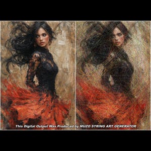 May include: A side-by-side comparison showing an oil painting of a figure with long dark hair in a black lace top and red skirt next to a string art recreation of the same image. The text reads: This Digital Output Was Produced by MUZO STRING ART GENERATOR.
