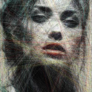 May include: A digital art portrait of a woman's face, created with a network of colorful lines. The artwork features a dark background, with the woman's face in the center, highlighted by red lips and dark eyes. The lines create a textured effect.