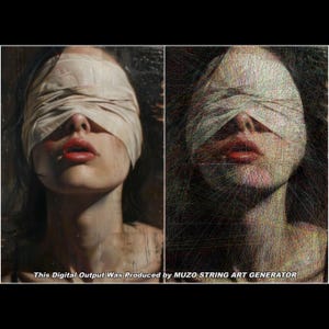 May include: A split-screen image showing a portrait of a person with a blindfold on the left and a string art recreation of the same portrait on the right. The text at the bottom reads: This Digital Output Was Produced by MUZO STRING ART GENERATOR.