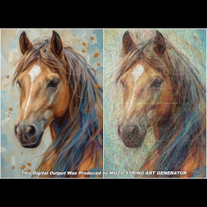 Puede incluir: Una imagen dividida que muestra el retrato de un caballo marrón a la izquierda y una recreación de arte con hilos a la derecha. El texto "This Digital Output Was Produced by MUZO STRING ART GENERATOR" aparece en la parte inferior.