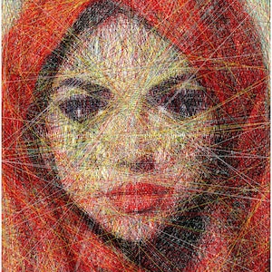 May include: An artwork portrait of a person with a red hood and lips, created using red, yellow, and black threads. The face is formed by intricate lines, giving a textured appearance. The artwork is a unique piece.