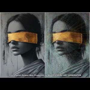 May include: A split-screen comparison showing a grayscale portrait of a person with a gold band over their eyes on the left and a string art recreation on the right. The text at the bottom reads: This Digital Output Was Produced by MUZO STRING ART GENERATOR.