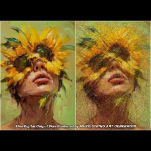 May include: A split-screen image showing a digital painting of a face obscured by yellow sunflowers on the left and a string art recreation on the right. The text at the bottom reads: This Digital Output Was Produced by MUZO STRING ART GENERATOR.