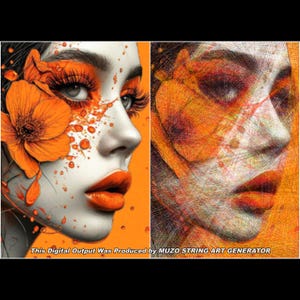 Pode incluir: Uma imagem dividida mostrando uma ilustração digital de um rosto com flores laranja e respingos de tinta à esquerda, e uma recriação em arte de fios do mesmo retrato à direita. O texto na parte inferior diz: This Digital Output Was Produced by MUZO STRING ART GENERATOR.