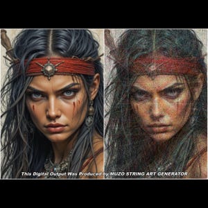 May include: A split-view image showing a realistic portrait of a person with dark hair and a red headband on the left, and a string art recreation of the same portrait on the right. Text at the bottom reads: This Digital Output Was Produced by MUZO STRING ART GENERATOR.