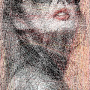 May include: Abstract artwork of a face with sunglasses, created with a series of intersecting lines. The image features red lips and a light skin tone, with the sunglasses reflecting the environment. The overall effect is a modern, artistic portrait.