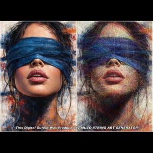 Puede incluir: Una obra de arte digital dividida que muestra el retrato de un rostro con una venda azul. El lado izquierdo es una pintura realista, mientras que el derecho es una interpretación de arte con hilos. El texto inferior dice: This Digital Output Was Produced by MUZO STRING ART GENERATOR.
