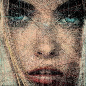 May include: A digital artwork portrait of a face, created with a web of intersecting lines. The image shows blue eyes, red lips, and blonde hair, producing a striking visual effect. The color scheme is subdued, emphasizing the contrast between light and shadow.
