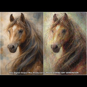 May include: A side-by-side comparison showing a realistic brown horse portrait on the left and a multi-colored string art recreation on the right. The text at the bottom reads: This Digital Output Was Produced by MUZO STRING ART GENERATOR.