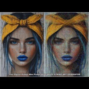May include: A split-view image showing a portrait of a person with blue hair and bright blue lips wearing a yellow headband on the left, and a string art recreation of the same portrait on the right. Text reads: This Digital Output Was Produced by MUZO STRING ART GENERATOR.