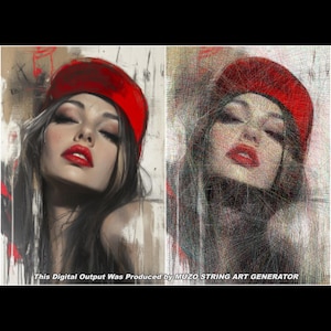 May include: A split-view image showing a portrait of a person with long dark hair wearing a bright red cap and red lipstick on the left, and a string art recreation of the same portrait on the right. Text reads: This Digital Output Was Produced by MUZO STRING ART GENERATOR.