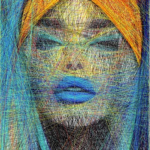 Puede incluir: Retrato abstracto de una persona con los ojos cerrados, renderizado en un estilo único con líneas coloridas. La obra presenta un vibrante tocado naranja, labios azules y acentos azules y amarillos.