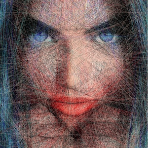 Puede incluir: Retrato digital abstracto del rostro de una persona. La imagen se crea con una red de líneas que se cruzan en tonos rojos, azules y negros. La persona tiene ojos azules y labios rojos, con un tono de piel neutro.