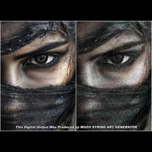 May include: A split-screen comparison showing a high-resolution photograph of a person's eyes and face covered by a dark fabric on the left, and a string art recreation of the same image on the right. Text reads: This Digital Output Was Produced by MUZO STRING ART GENERATOR.