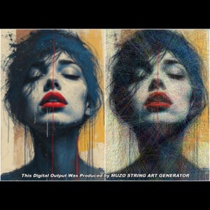 May include: A split-view digital artwork showing a portrait of a person with dark hair and bright red lips. The left side is a painterly illustration, while the right side is a string art representation. Text reads: This Digital Output Was Produced by MUZO STRING ART GENERATOR.