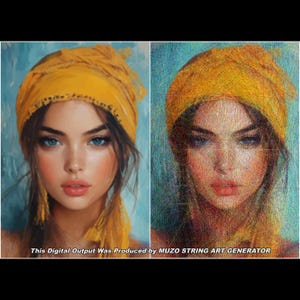 May include: A split-screen comparison showing a digital portrait of a person wearing a yellow headscarf on the left and a string art recreation of the same image on the right, with the text This Digital Output Was Produced by MUZO STRING ART GENERATOR.