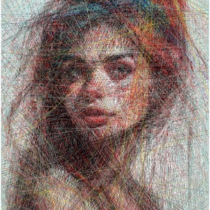 May include: Abstract portrait artwork composed of numerous coloured lines. The image shows a person's face, with features such as eyes, nose, and lips. The lines are in shades of red, orange, yellow, and blue, creating a unique effect.