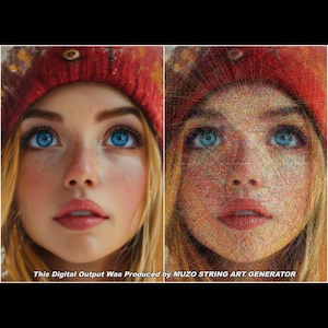 May include: A split-view image showing a portrait of a person with blue eyes and a red knit hat on the left, and a corresponding string art recreation on the right. The text at the bottom reads: This Digital Output Was Produced by MUZO STRING ART GENERATOR.