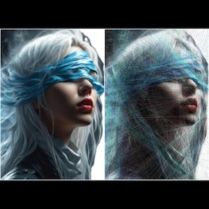 May include: A split-screen composition featuring a portrait of a person with long white hair and a bright blue blindfold on the left, and a string art interpretation of the same subject using intersecting blue and white threads on the right.