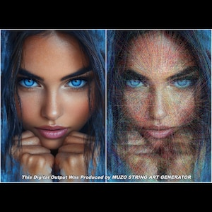 May include: A split-screen image showing a portrait of a person with bright blue eyes on the left and a string art recreation of the same portrait on the right. The text at the bottom reads: This Digital Output Was Produced by MUZO STRING ART GENERATOR.