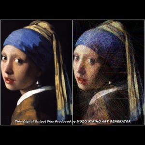 Pode incluir: Uma comparação lado a lado da pintura Rapariga com Brinco de Pérola, com um lenço azul, um pano amarelo e um brinco de pérola. O lado direito mostra uma recriação em arte de fios com o texto This Digital Output Was Produced by MUZO STRING ART GENERATOR.