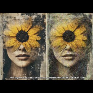 May include: A split-screen image showing a portrait of a face obscured by a large yellow sunflower on the left and a string art interpretation on the right. The text at the bottom reads: This Digital Output Was Produced by MUZO STRING ART GENERATOR.