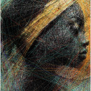May include: Abstract digital art piece with a dark background and a complex network of colorful lines. The artwork features a mix of colors, including gold, teal, red, and blue, creating a dynamic and textured visual effect. The lines appear to be layered and interwoven.