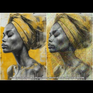 May include: A split-view artwork featuring a black and white portrait of a person wearing a headwrap on the left, and a string art recreation of the same portrait on the right. The text "This Digital Output Was Produced by MUZO STRING ART GENERATOR" is visible at the bottom.