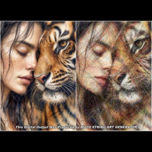 May include: A split-view image showing a realistic portrait of a person next to a tiger on the left, and a string art recreation of the same image on the right. The text "This Digital Output Was Produced by MUZO STRING ART GENERATOR" is visible.